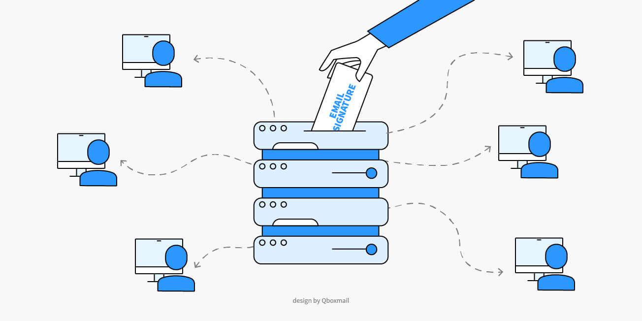 Illustration depicting the centralized management of email signatures. A hand inserts a document with the words 'EMAIL SIGNATURE' into a server, which distributes the signatures to the computers of multiple connected users. The image symbolizes a centralized system for applying corporate email signatures. Design by Qboxmail.