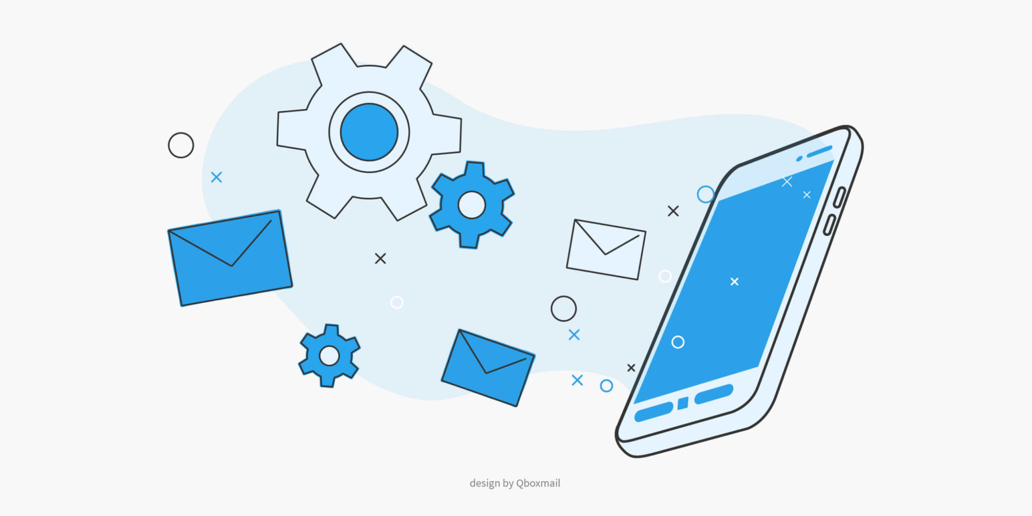 Illustration of email messages, gears and a smartphone representing mobile email management and automation