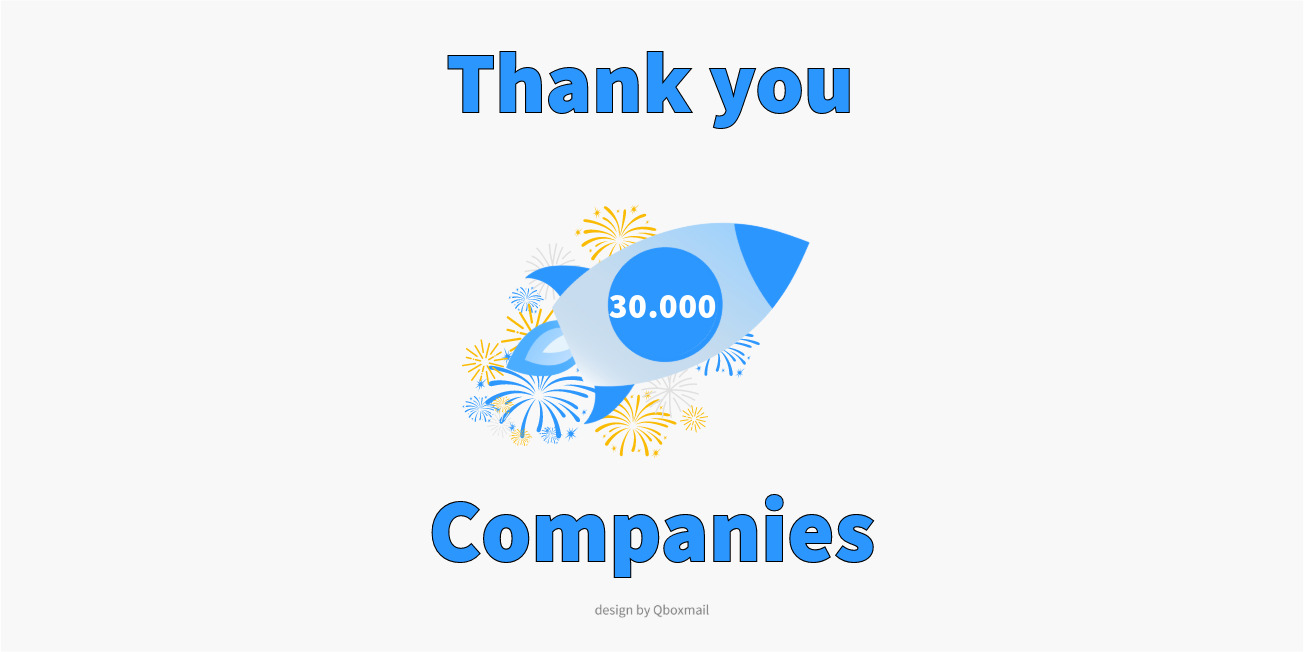 Celebratory graphic featuring a blue rocket with '30,000' written on it, surrounded by fireworks.