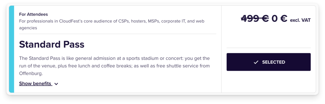 Standard pass selection on CloudFest registration page