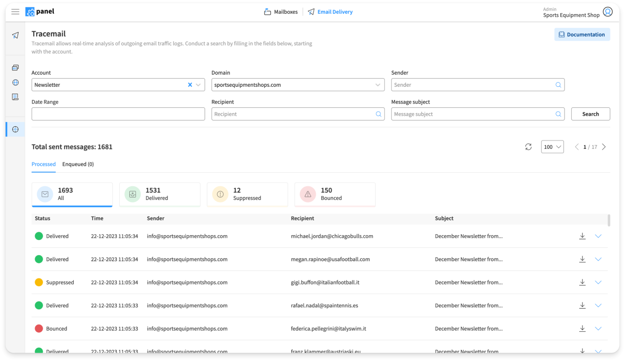 Email Delivery Tracemail interface